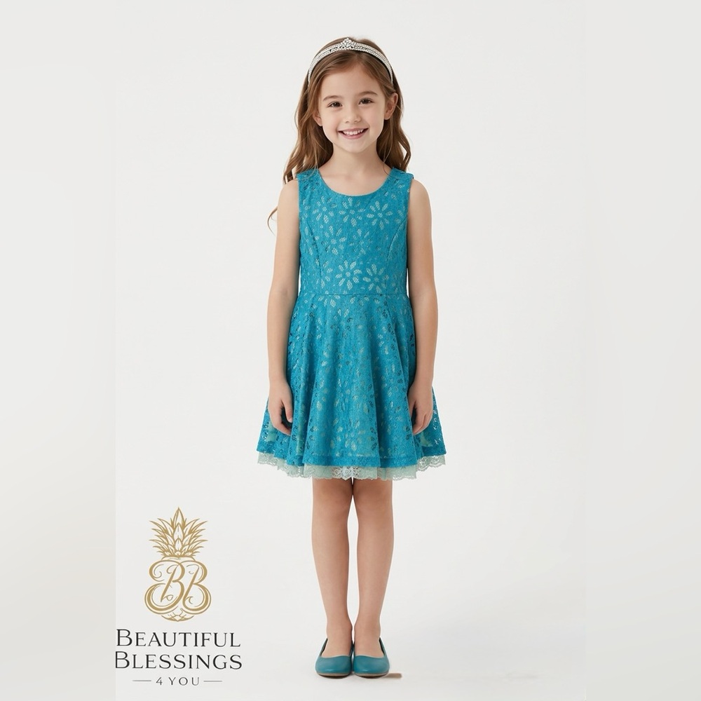 Knit Works Girls' Teal Lace Fit-and-Flare Dress Size 10 - Easter, Formal